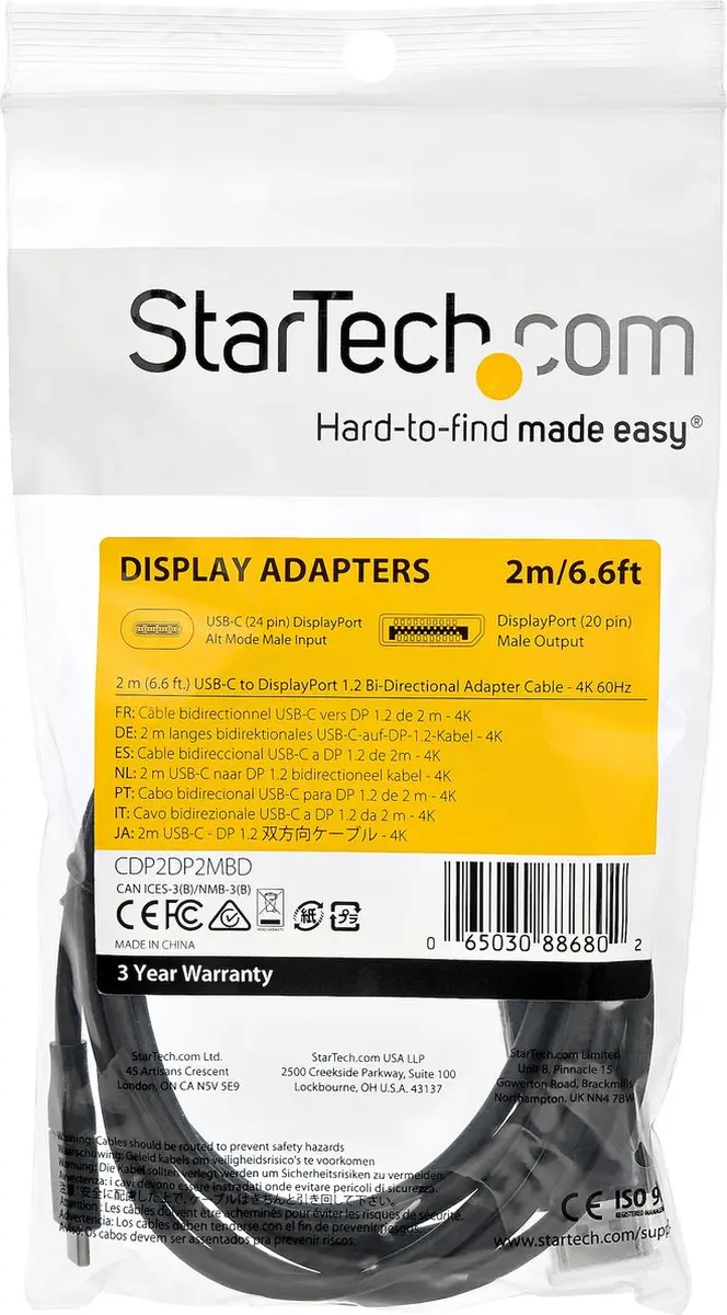 Startech USB-C naar DP 1.2 Kabel 4K - 2m - Zwart