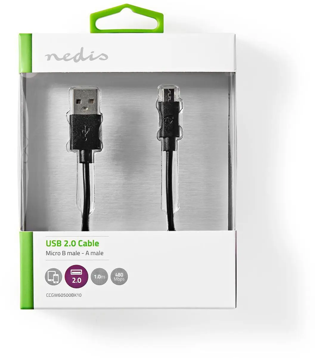 Nedis USB 2.0 A naar Micro-B Kabel 12W 1m - Zwart