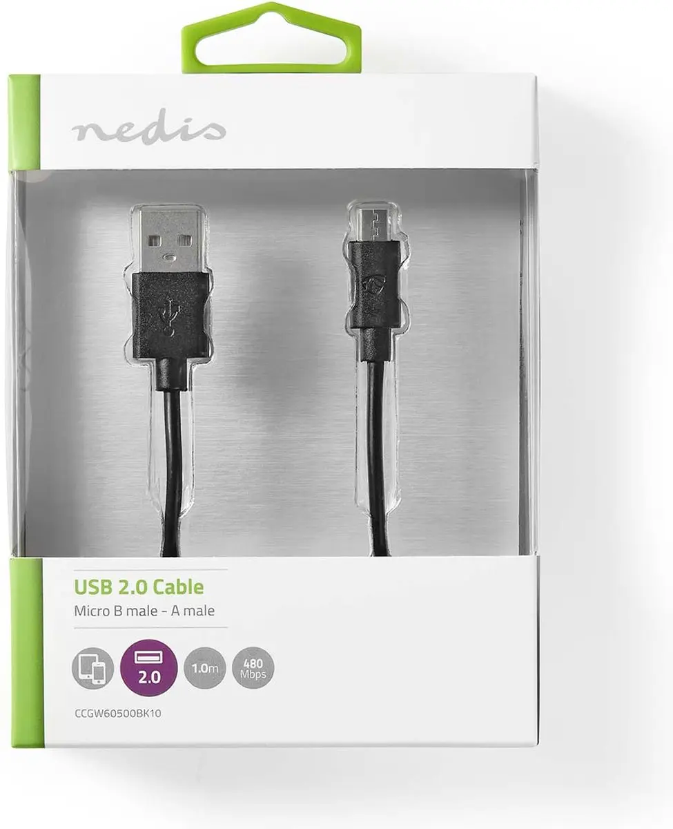 Nedis USB 2.0 A naar Micro-B Kabel 12W 1m - Zwart