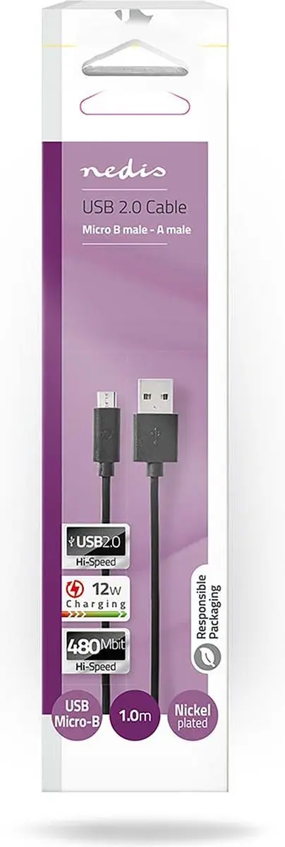 Nedis USB 2.0 A naar Micro-B Kabel 12W 1m - Zwart