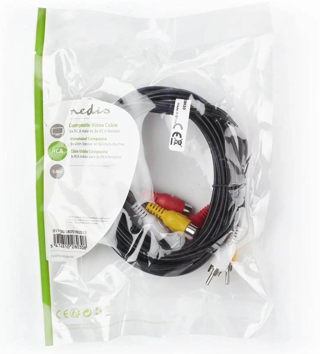 Nedis Composiet Videokabel CVGP24305BK50 - 5m - 3x RCA Male/Female - Zwart