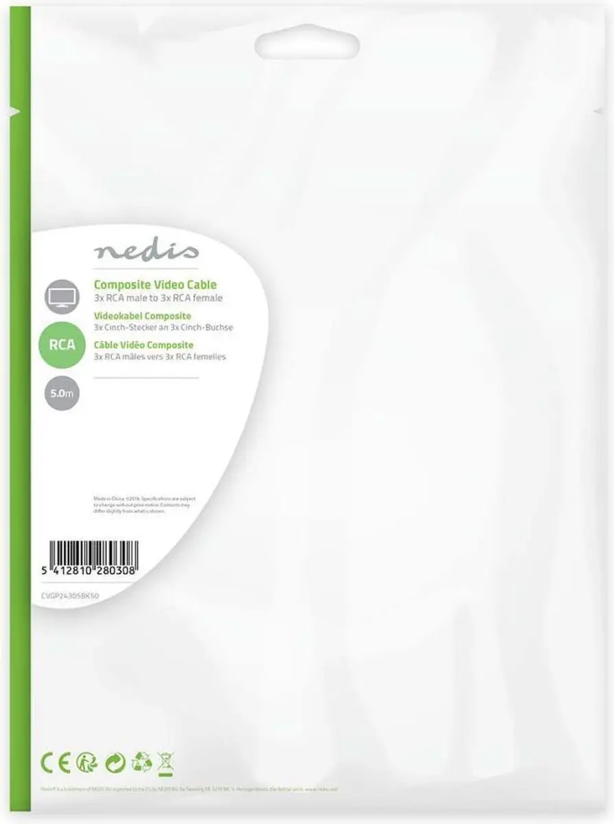 Nedis Composiet Videokabel CVGP24305BK50 - 5m - 3x RCA Male/Female - Zwart