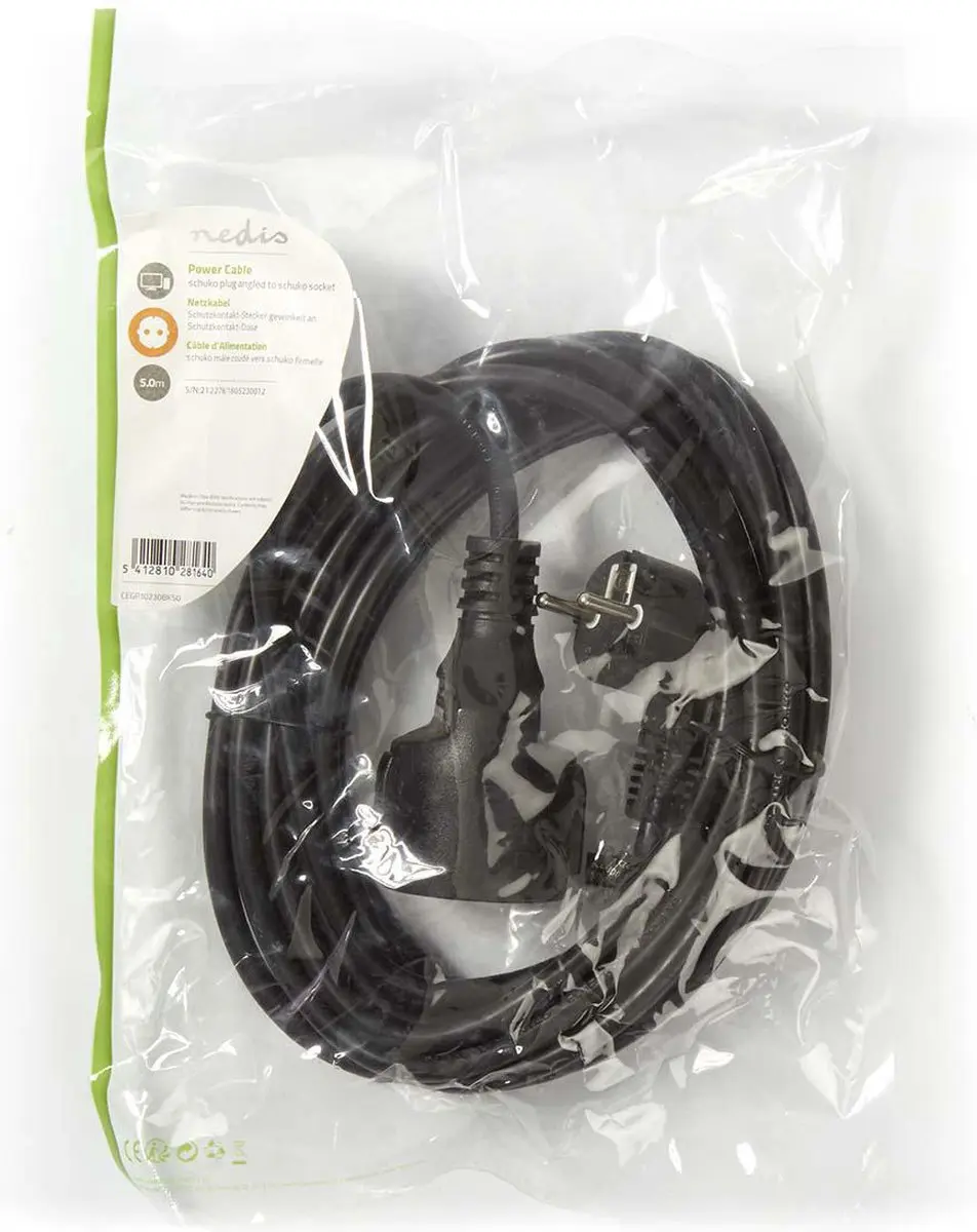 Nedis Stroomkabel CEGL10230BK50 Type F - 5m - Gehoekt - Zwart