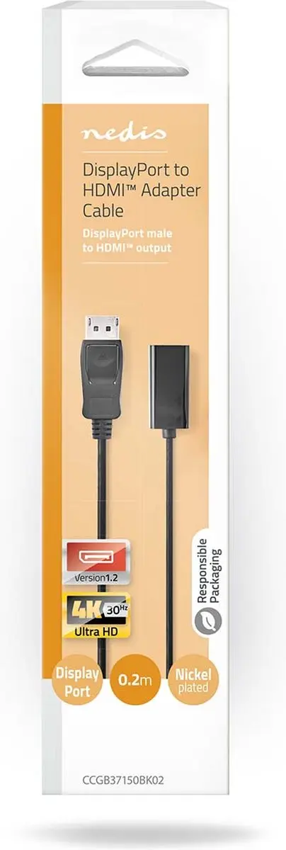 Nedis DisplayPort naar HDMI Kabel 4K30Hz - 0.2m - Zwart