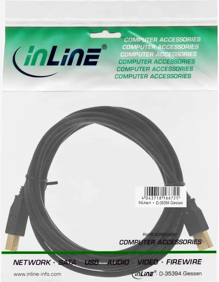 InLine USB-A naar USB-B Kabel 2.0 - 0,5m - 2A - Zwart