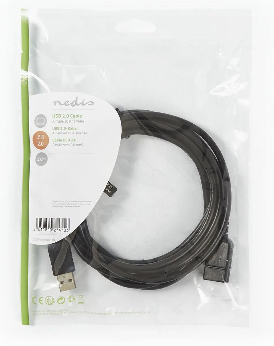 Nedis USB 2.0 A Male naar A Female Kabel 3m - Zwart