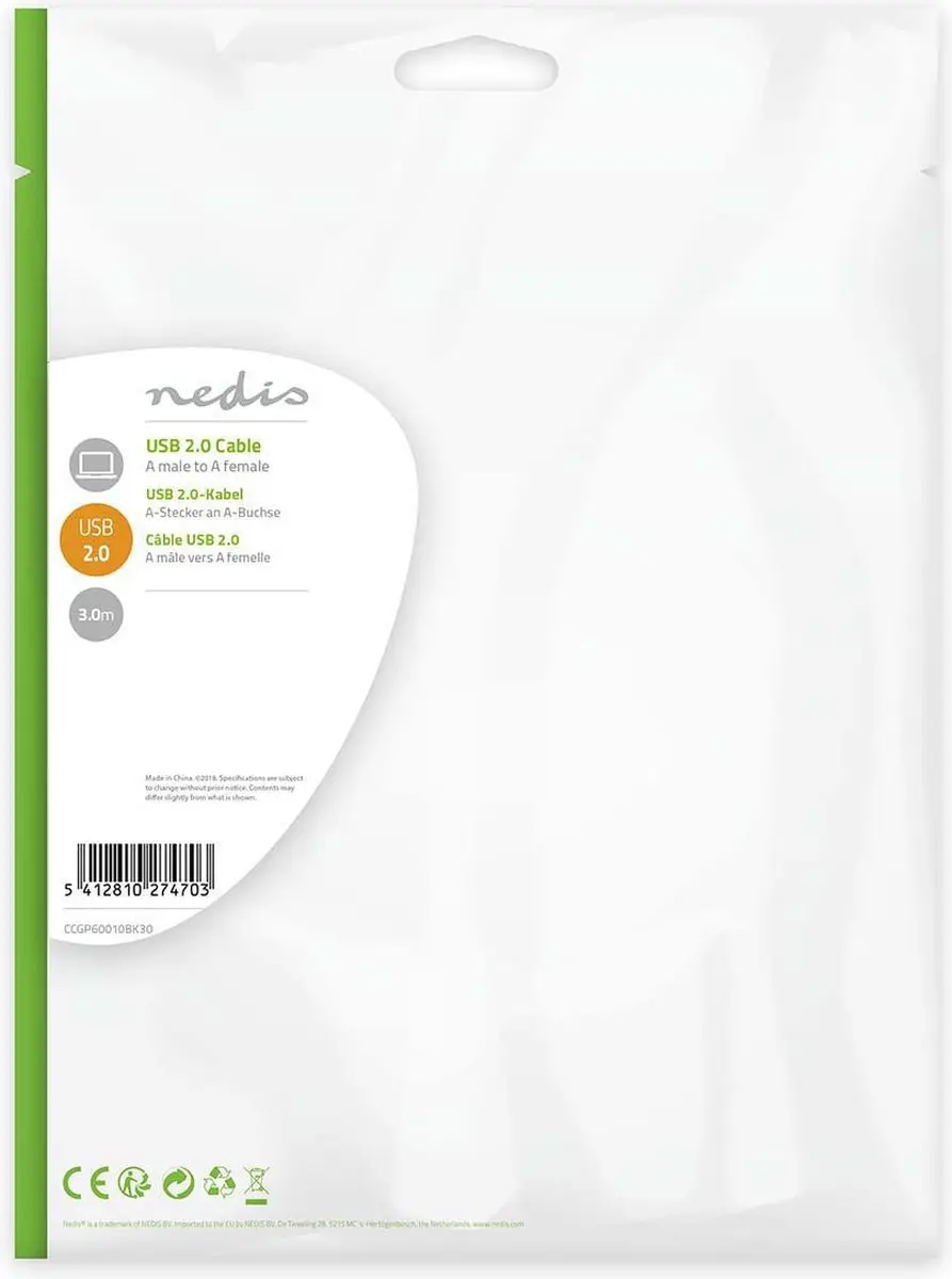 Nedis USB 2.0 A Male naar A Female Kabel 3m - Zwart