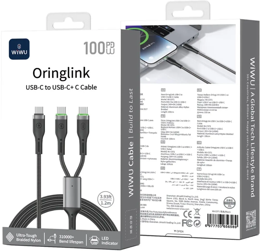 WiWu 2-in-1 USB-C Kabel 100W - USB-C naar USB-C - Zwart