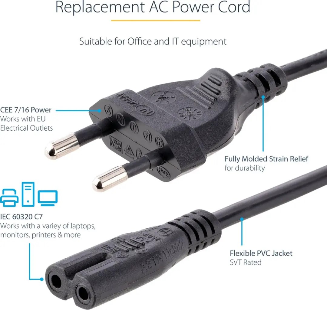 Startech 752E-3M-POWER-LEAD Laptopstroomkabel - 3m - EU naar C7 - Zwart