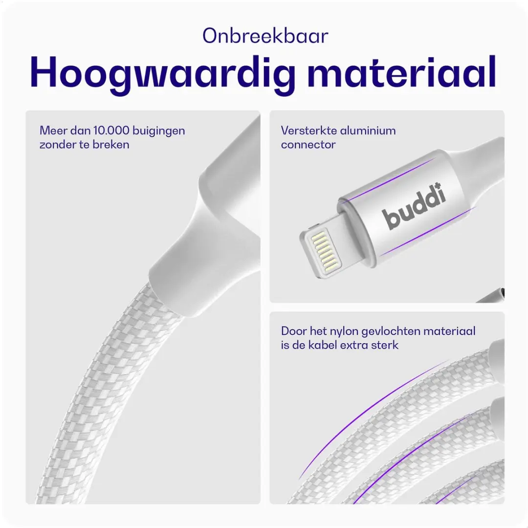 Buddi Flex USB-A naar Lightning Kabel 12W 2M - Wit