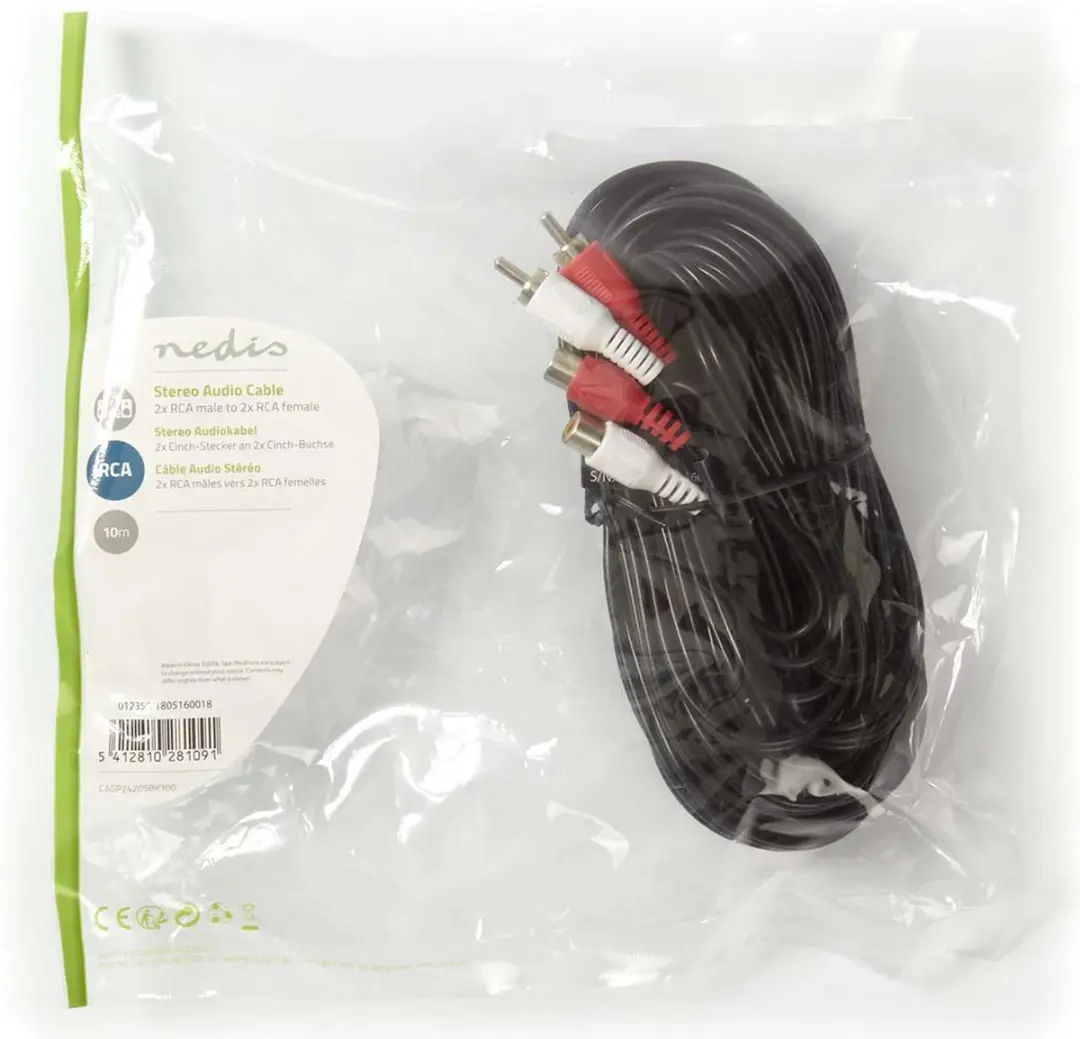 Nedis Stereo-Audiokabel CAGL24205BK100 - 2x RCA M/F - 10m - Zwart
