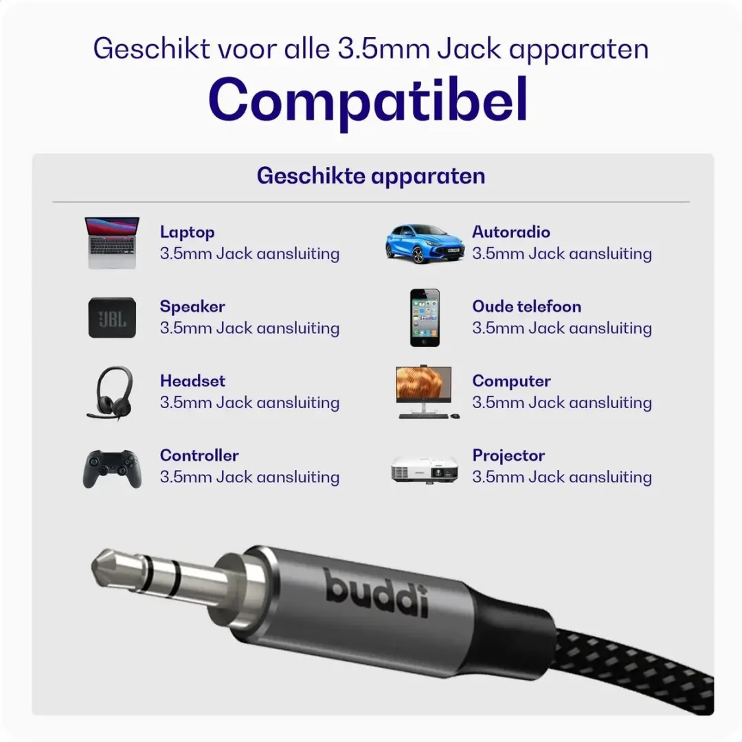 Buddi Flex Aux Kabel 3.5mm Jack - 10M - Zwart/Grijs