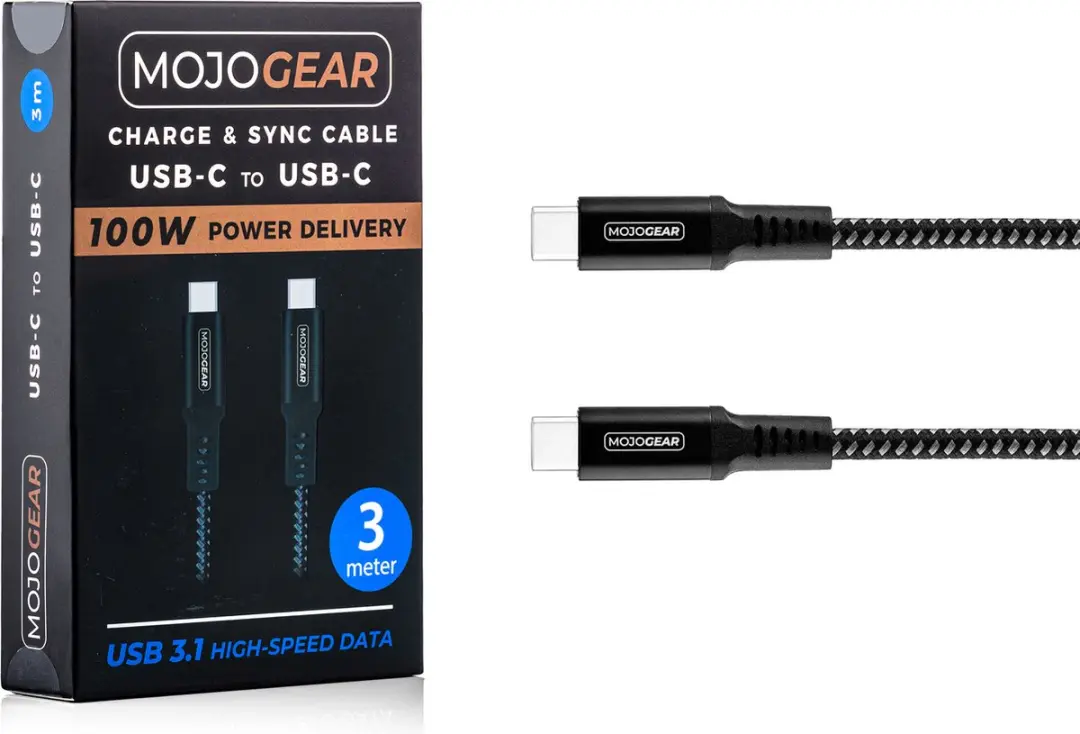 MOJOGEAR USB C naar USB C Kabel 100W - 3m - Zwart/donkergrijs