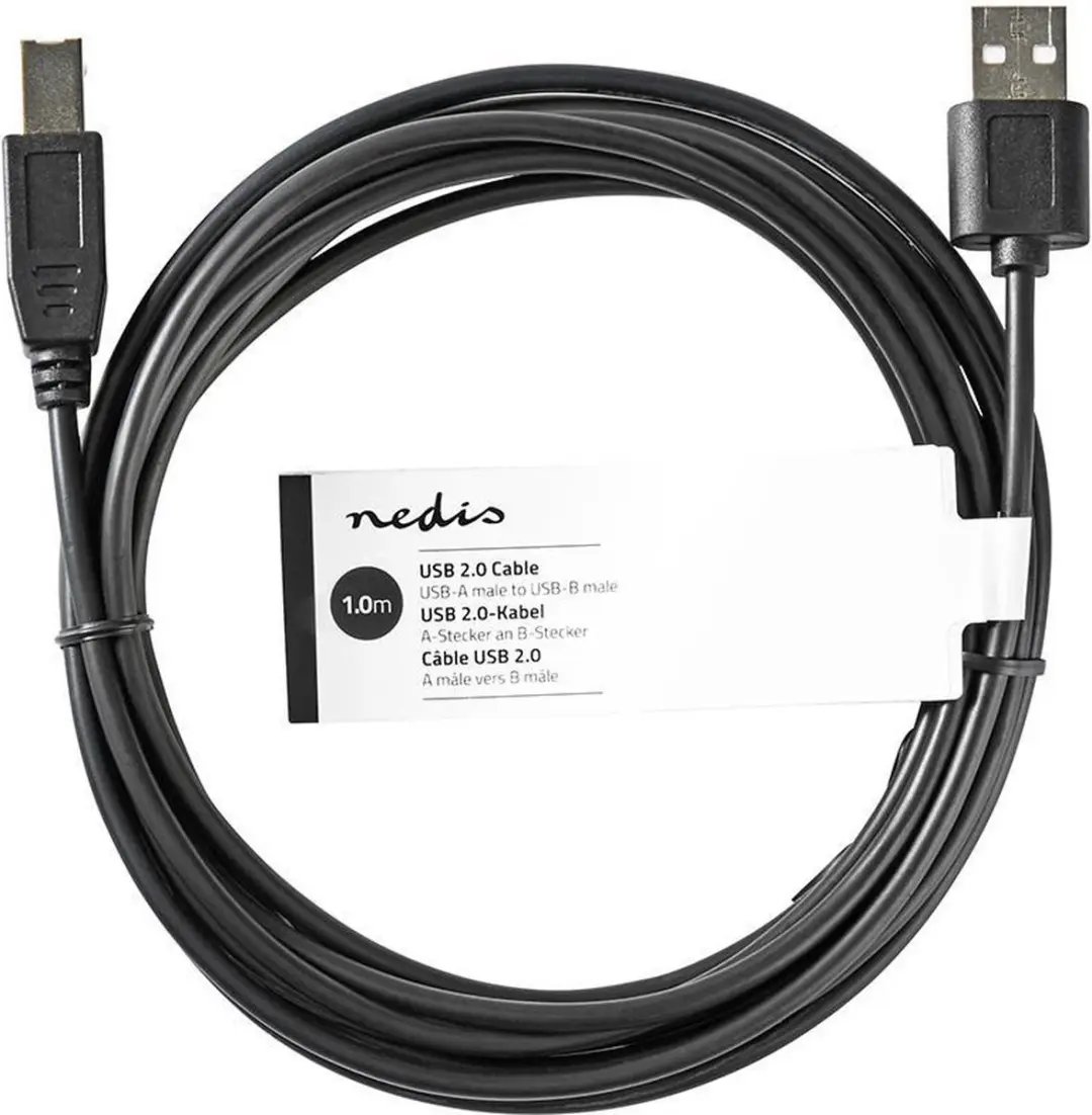 Nedis USB 2.0 A-B Kabel 1m - USB-A naar USB-B - 480 Mbps - Zwart