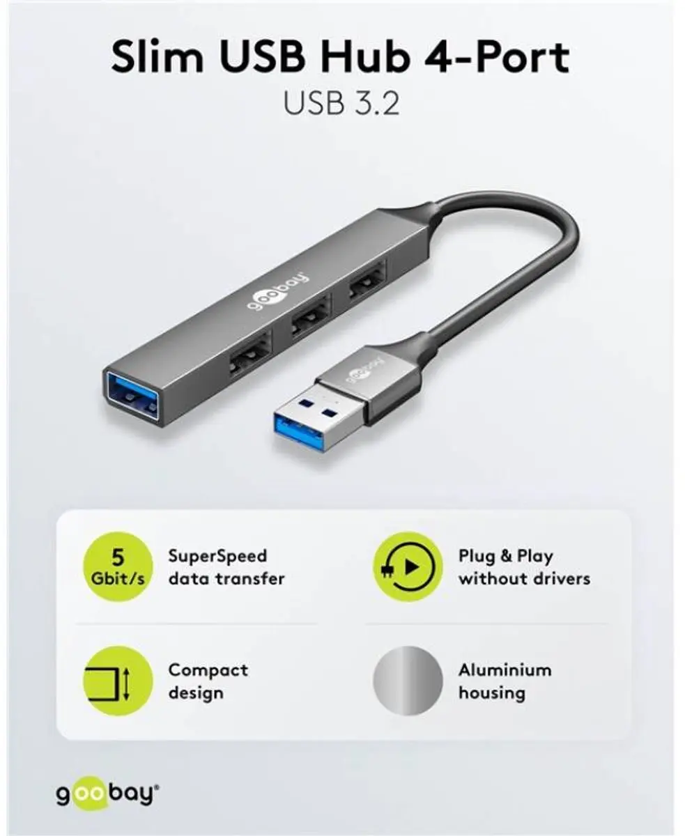 Goobay USB-Hub 4x USB-A - Aluminium - 0,10m - Grijs