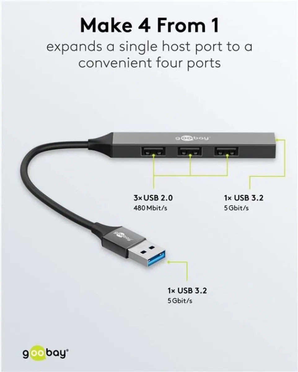 Goobay USB-Hub 4x USB-A - Aluminium - 0,10m - Grijs