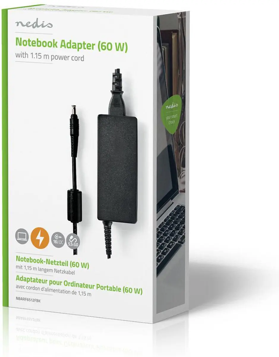 Nedis NBARF6512FBK Notebook-Adapter 60W - 16V 3.75A - Type-F Zwart