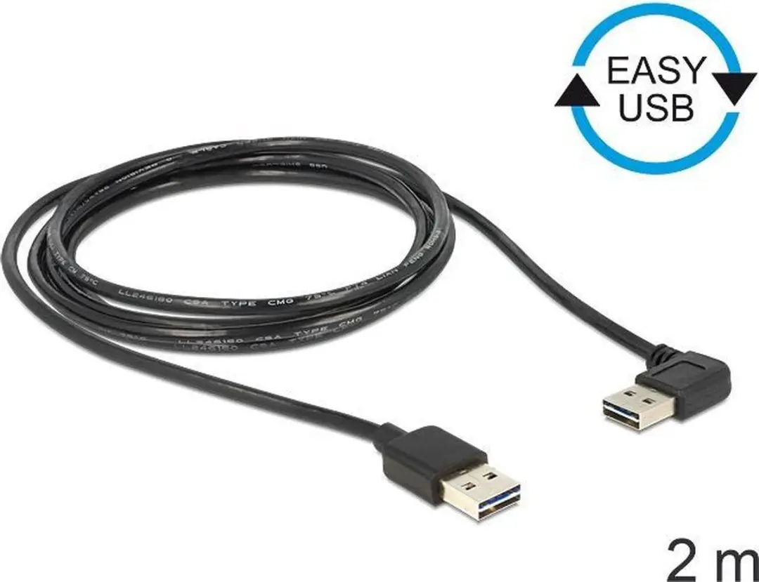 Delock Easy-USB-A Haaks Kabel USB2.0 2A - 2m - Zwart