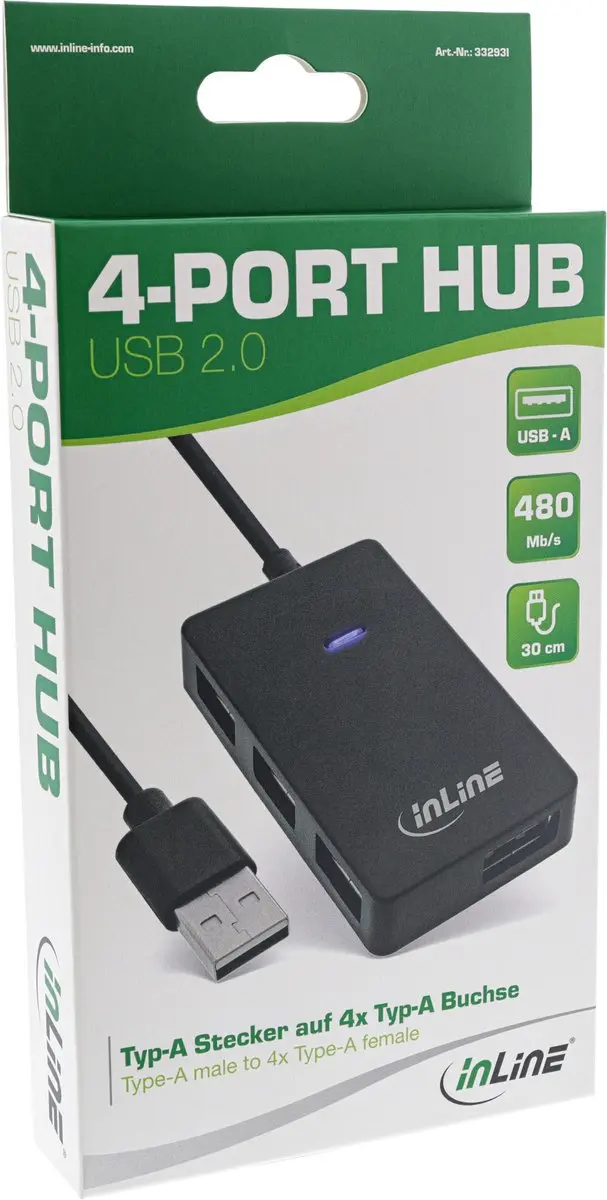 InLine USB 2.0 Hub 4 Poorten - 30cm Kabel - Zwart