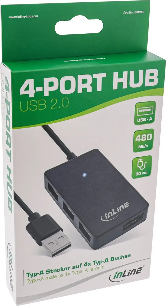 InLine USB 2.0 Hub 4 Poorten - 30cm Kabel - Zwart