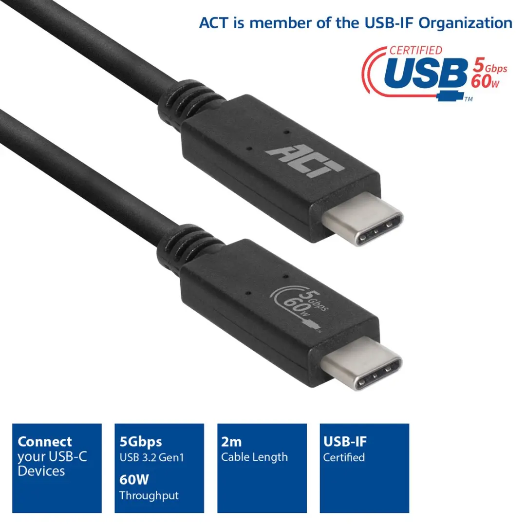 ACT Gecertificeerde USB-C Kabel AC7402 3.2 Gen1 - 5Gbps