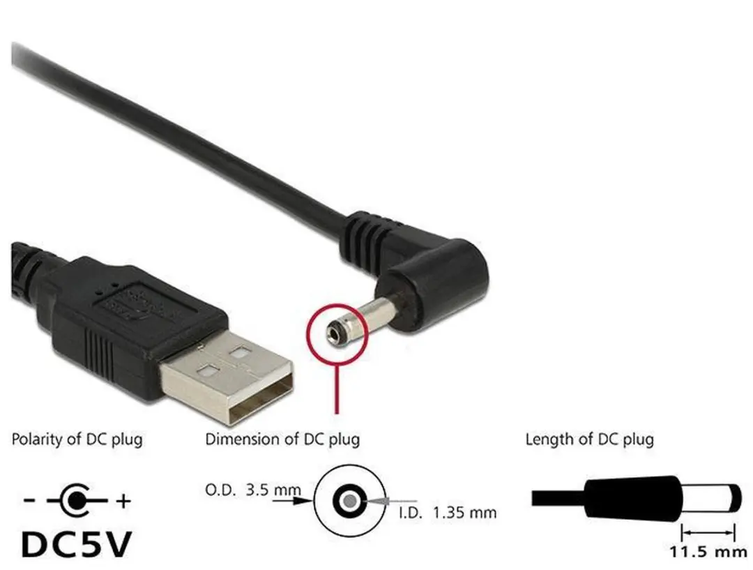 Delock USB-A naar DC 3,5x1,35mm Kabel - Haaks - 1,5m - Zwart