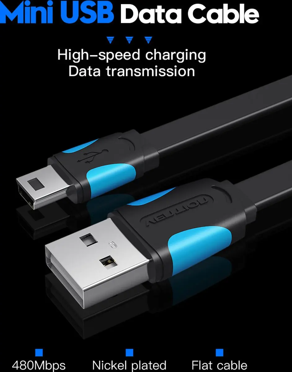 Vention Mini USB 5 Pin naar USB 2.0 Kabel 1m - Zwart