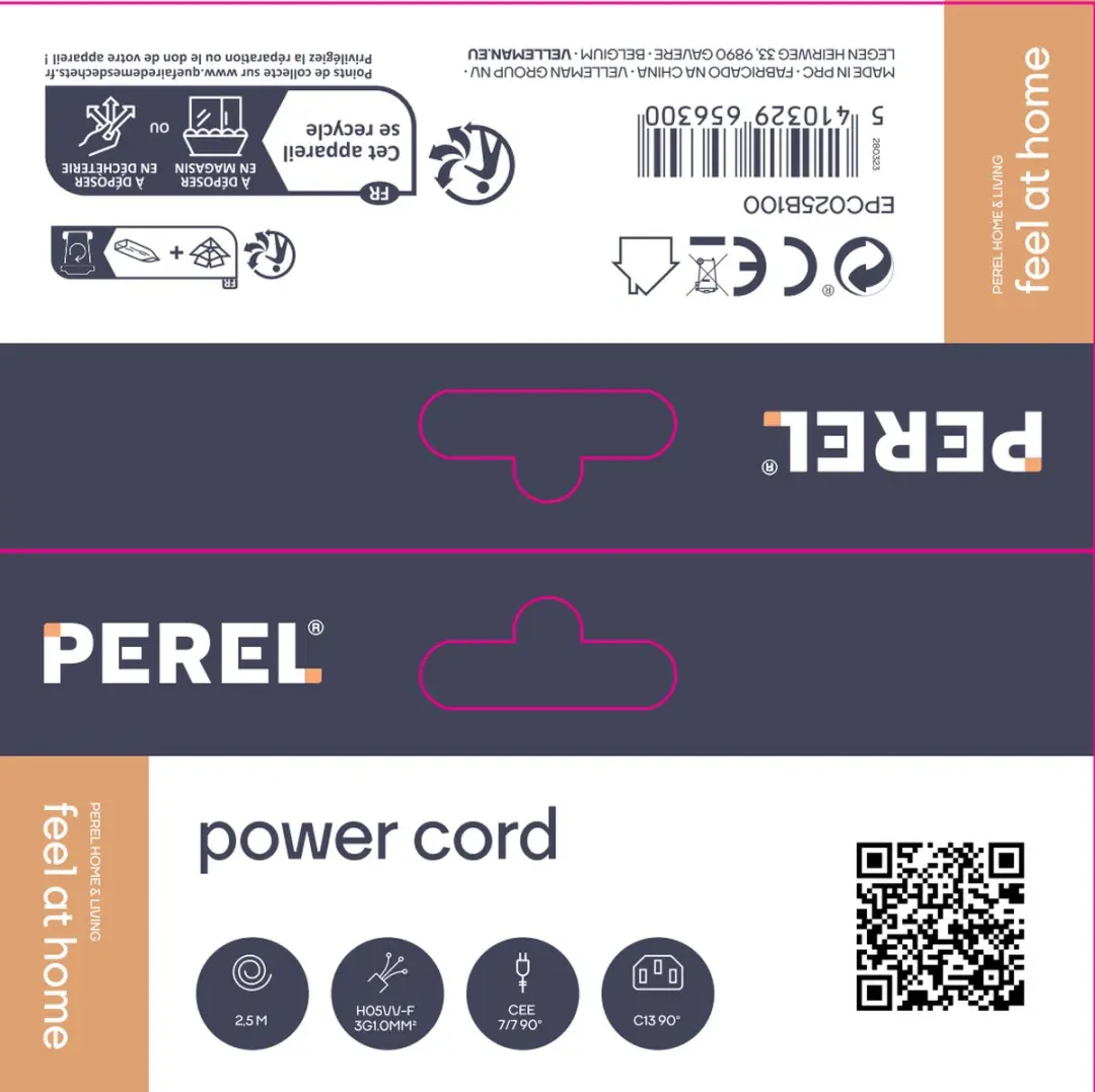 Perel Voedingskabel H05VV-F 3G1 2.5m 10A/230V - Type E/F 90° naar C13 - Zwart