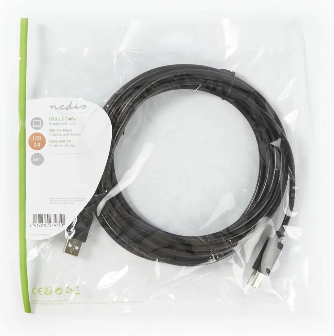 Nedis USB 2.0 A-B Kabel 5m - 10W - 480Mbps - Zwart