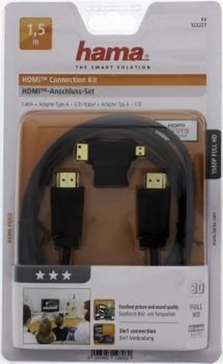 Hama HDMI Kabel 1.5m + 2-in-1 Adapter - Zwart
