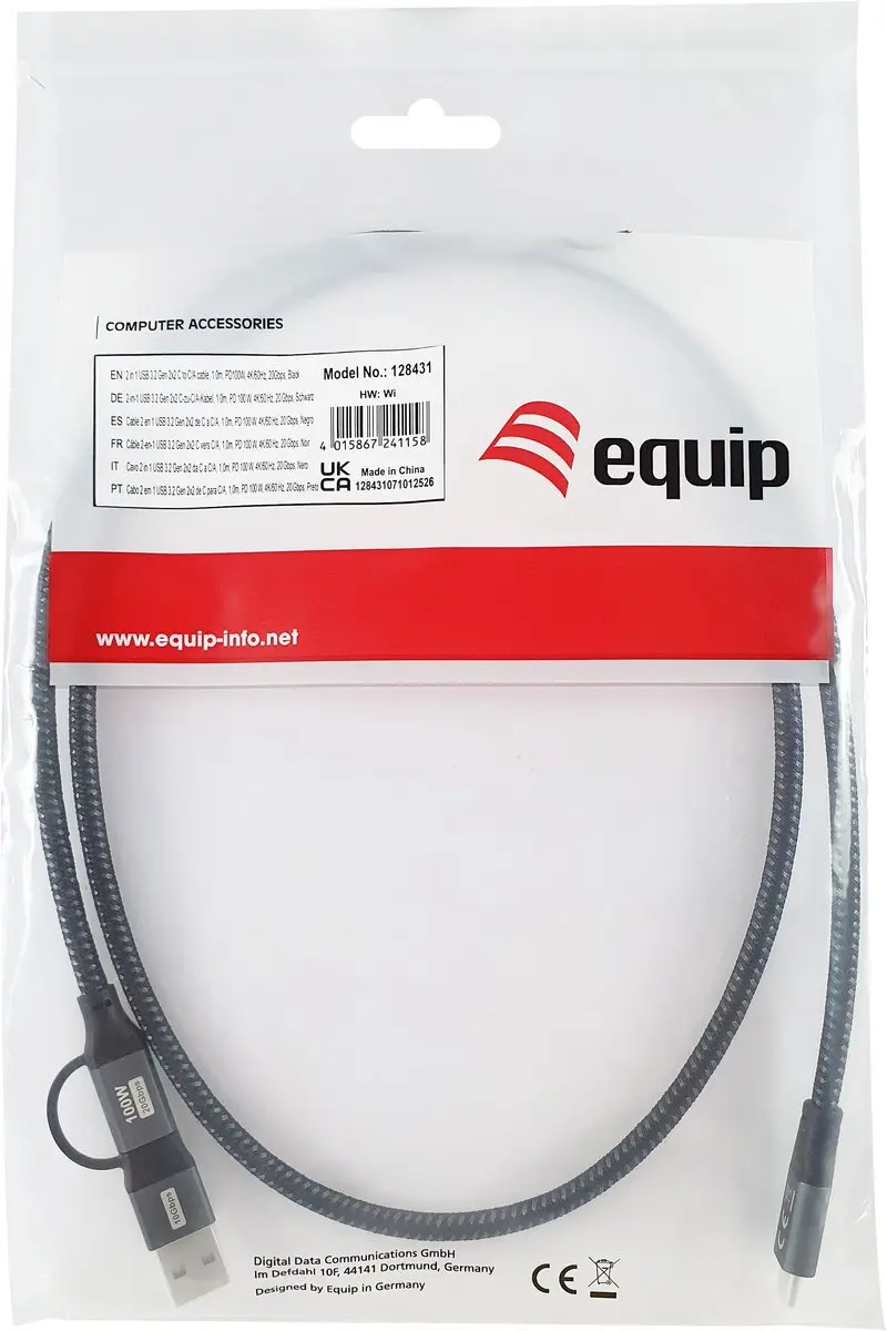 Equip 128431 USB 3.2 Gen 2x2 Kabel 1m USB-A naar USB-C - Zwart