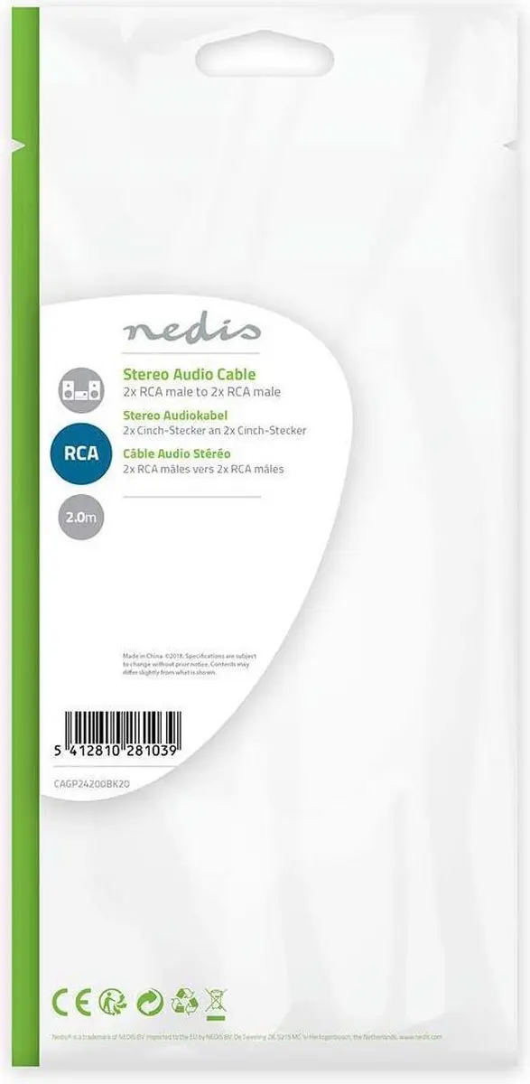 Nedis Stereo-Audiokabel CAGP24200BK20 - 2x RCA Male - 2m - Zwart