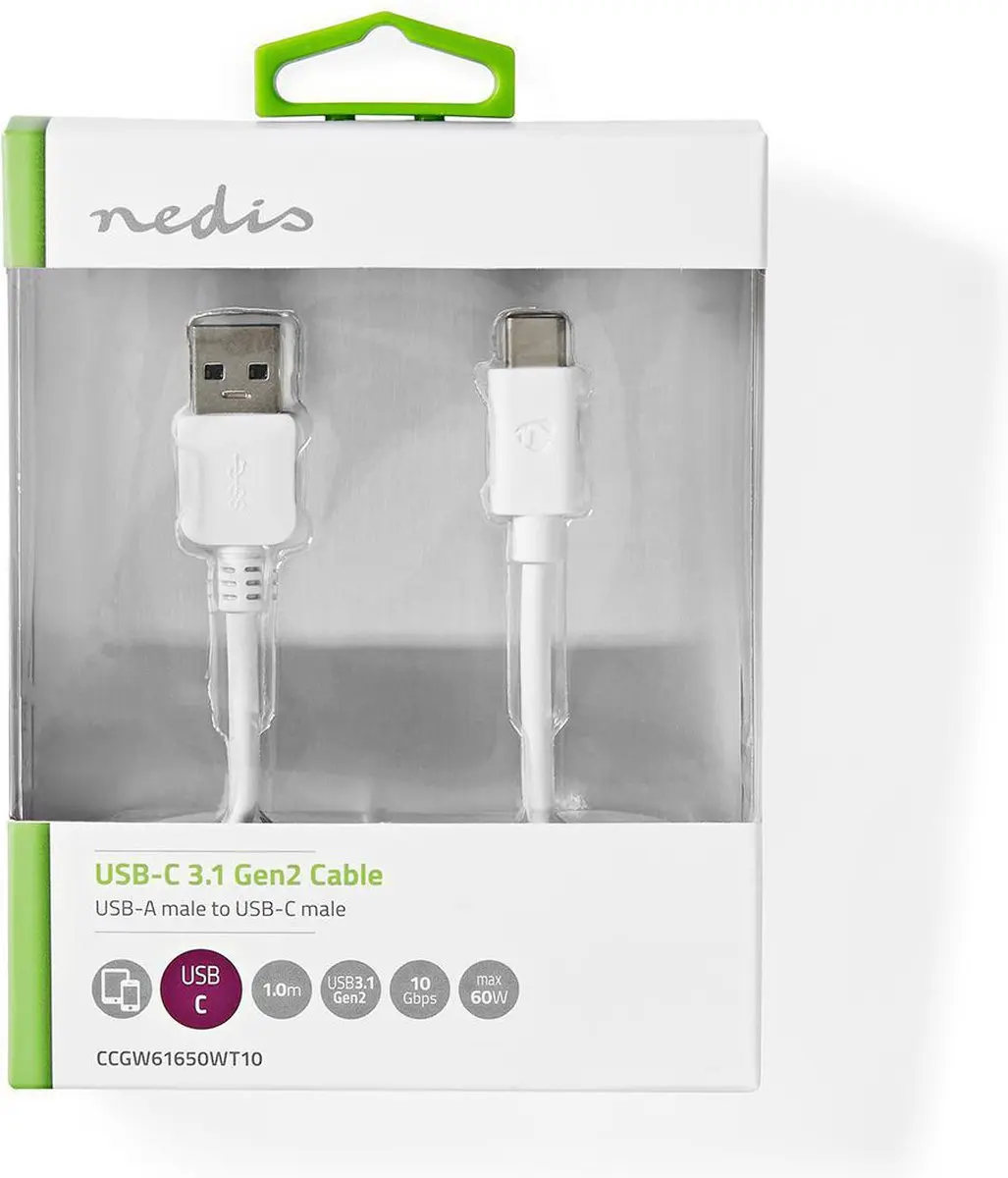 Nedis USB 3.2 Gen 2 USB-A naar USB-C Kabel 60W 1m - Wit