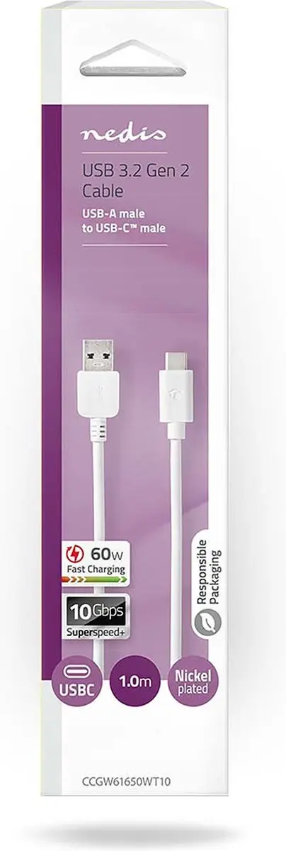 Nedis USB 3.2 Gen 2 USB-A naar USB-C Kabel 60W 1m - Wit