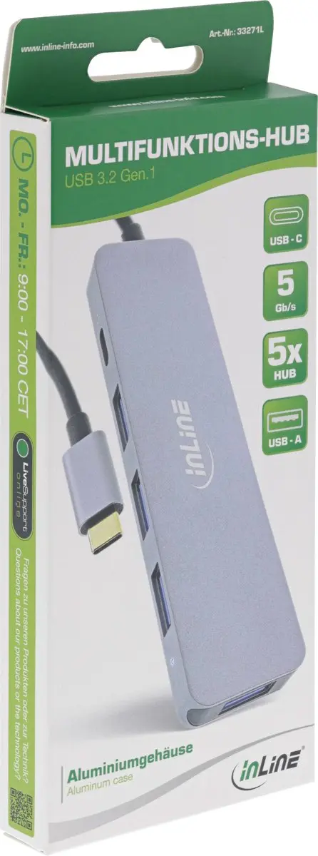 InLine USB-C Hub 4x USB-A + PD 87W - Grijs