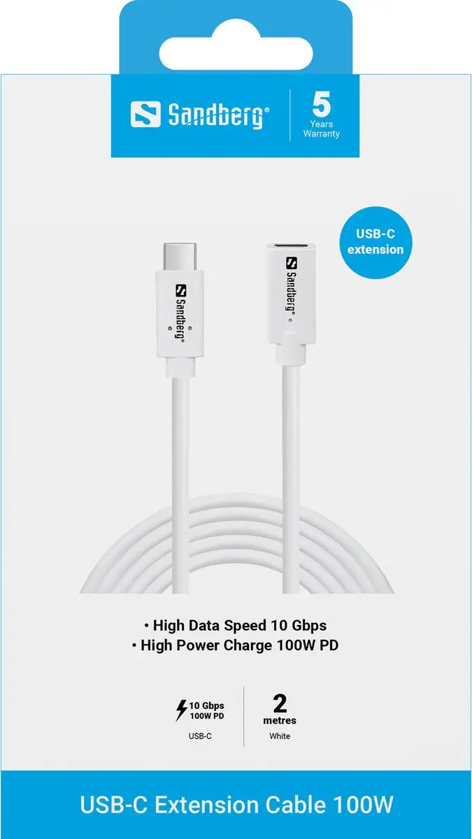 Sandberg 136-55 USB-C Kabel 2m - USB 3.2 Gen 2 - Wit