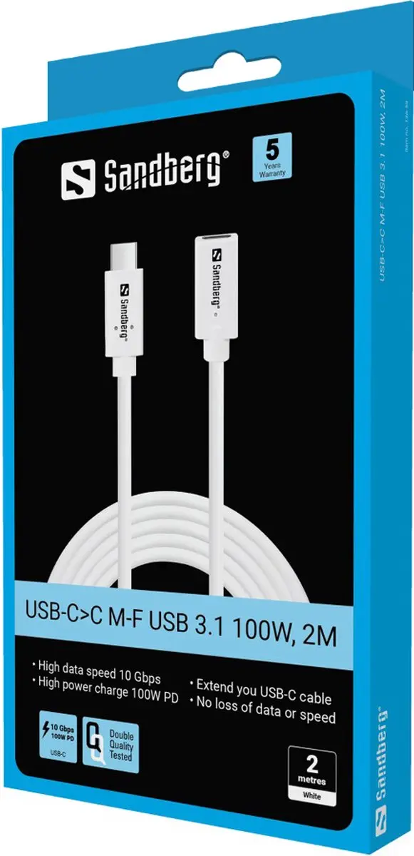 Sandberg 136-55 USB-C Kabel 2m - USB 3.2 Gen 2 - Wit
