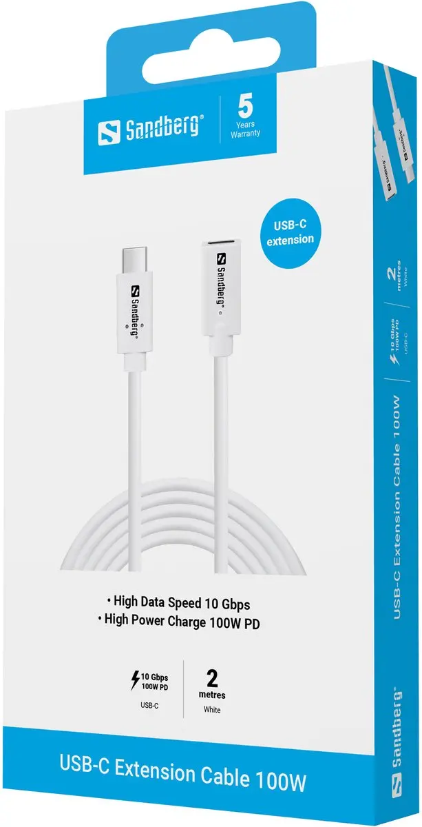 Sandberg 136-55 USB-C Kabel 2m - USB 3.2 Gen 2 - Wit