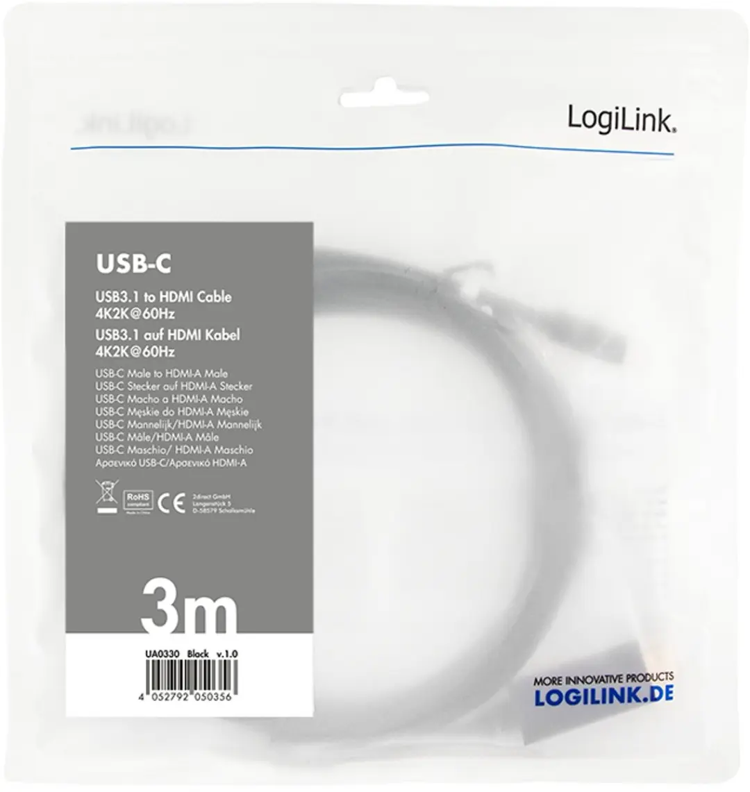Logilink UA0330 USB-C naar HDMI Adapterkabel 3m - Zwart