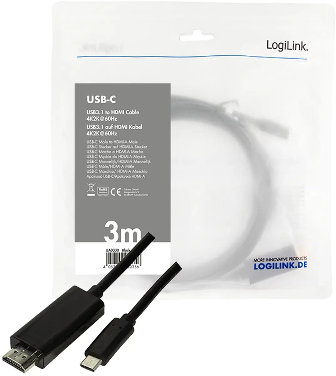 Logilink UA0330 USB-C naar HDMI Adapterkabel 3m - Zwart