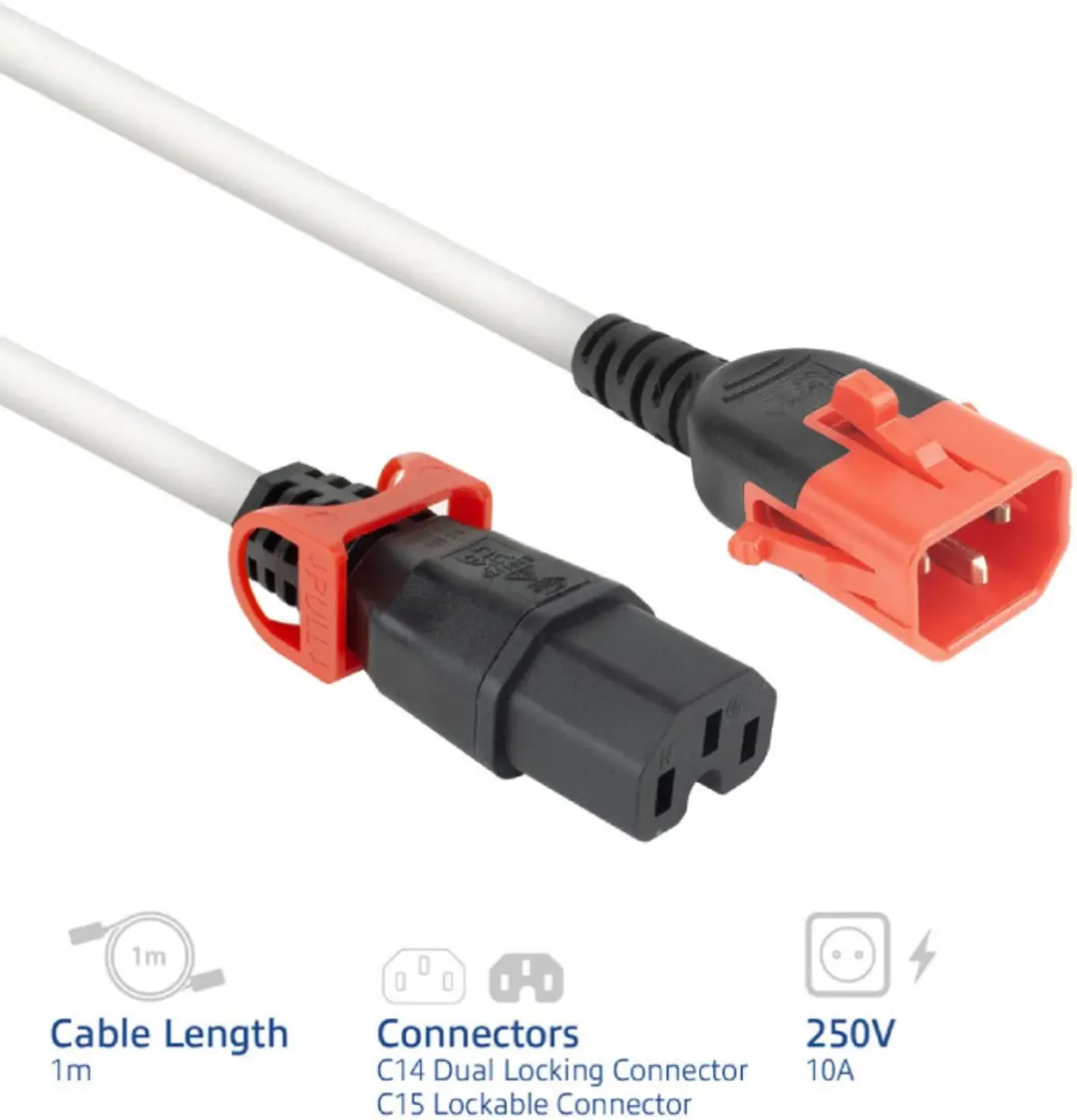 ACT PC3871 PL0051 Netsnoer C14-C15 Lock+ Wit 1m