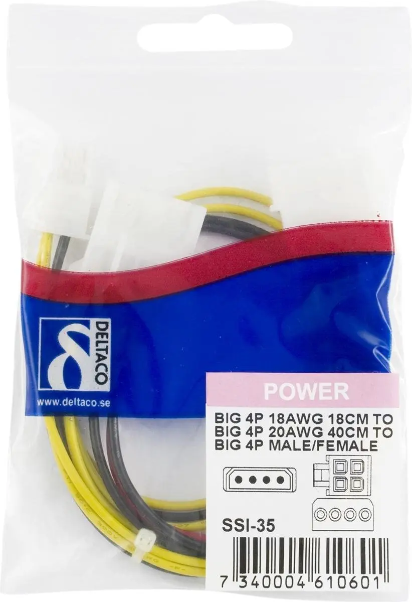 Deltaco SSI-35 ATX12V Kabeladapter - 4-pin - Zwart/Rood/Wit/Geel