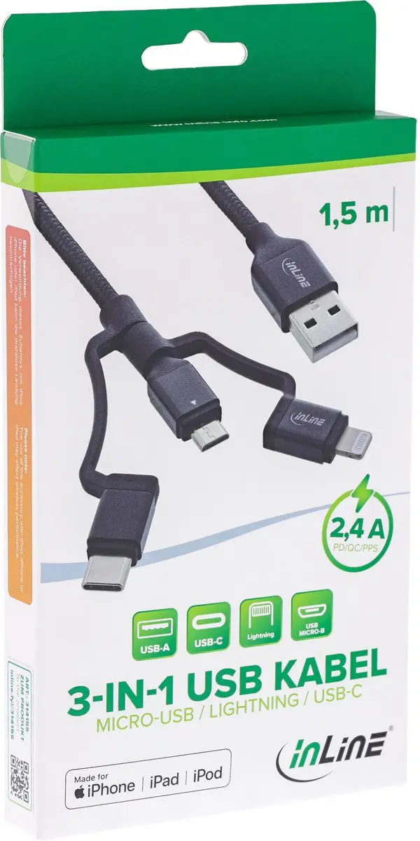 InLine Lightning USB-C Combi-kabel 1,5m - Zwart