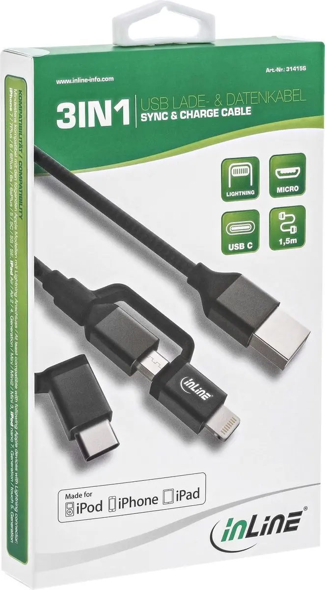 InLine Lightning USB-C Combi-kabel 1,5m - Zwart
