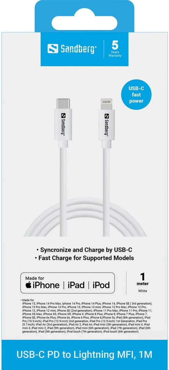 Sandberg 136-58 Lightning-kabel 1m - Wit
