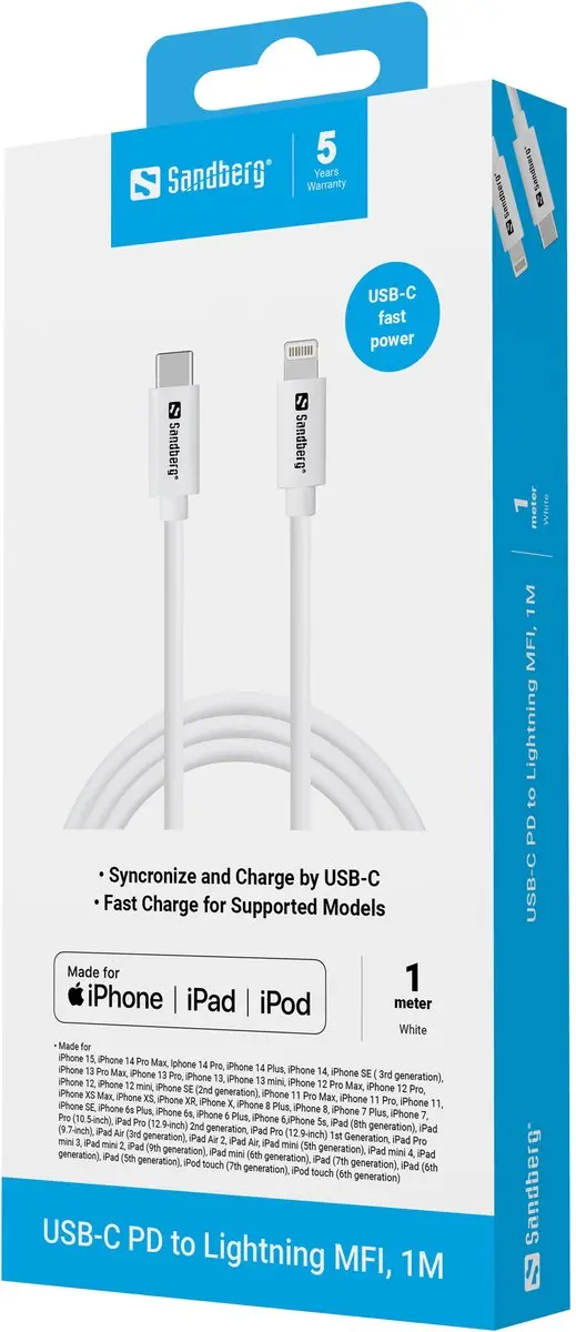 Sandberg 136-58 Lightning-kabel 1m - Wit