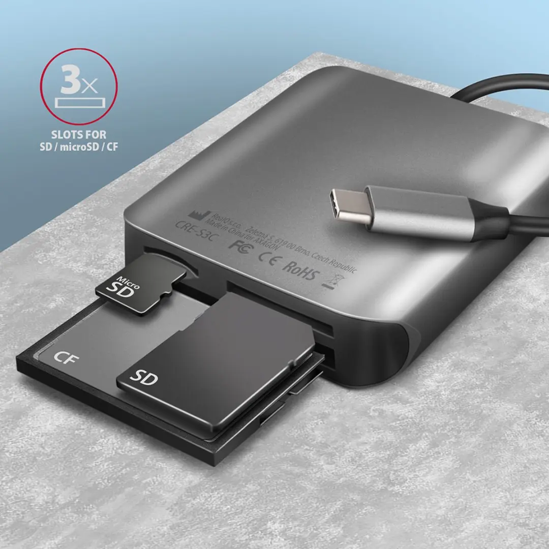 Axagon CRE-S3C USB-C Geheugenkaartlezer 3-Slot - Grijs