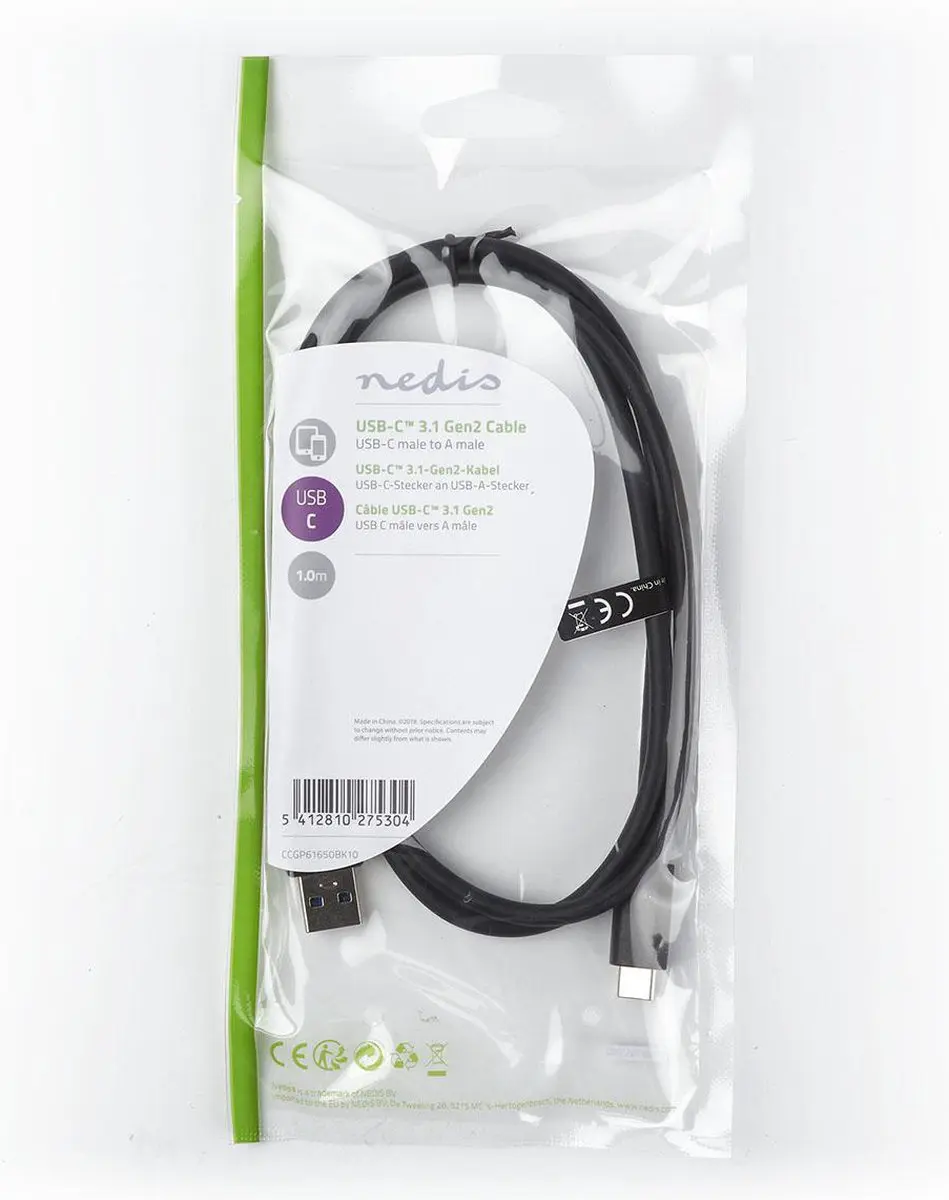 Nedis USB 3.2 Gen 2 USB-A naar USB-C Kabel 60W 1m - Zwart