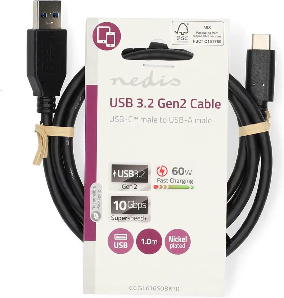 Nedis USB 3.2 Gen 2 USB-A naar USB-C Kabel 60W 1m - Zwart