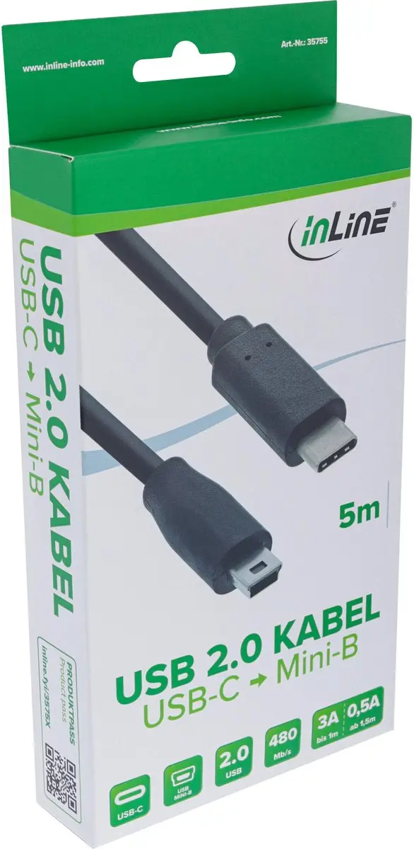 InLine USB Mini B naar USB-C Kabel 5m - USB 2.0 - 1A - Zwart